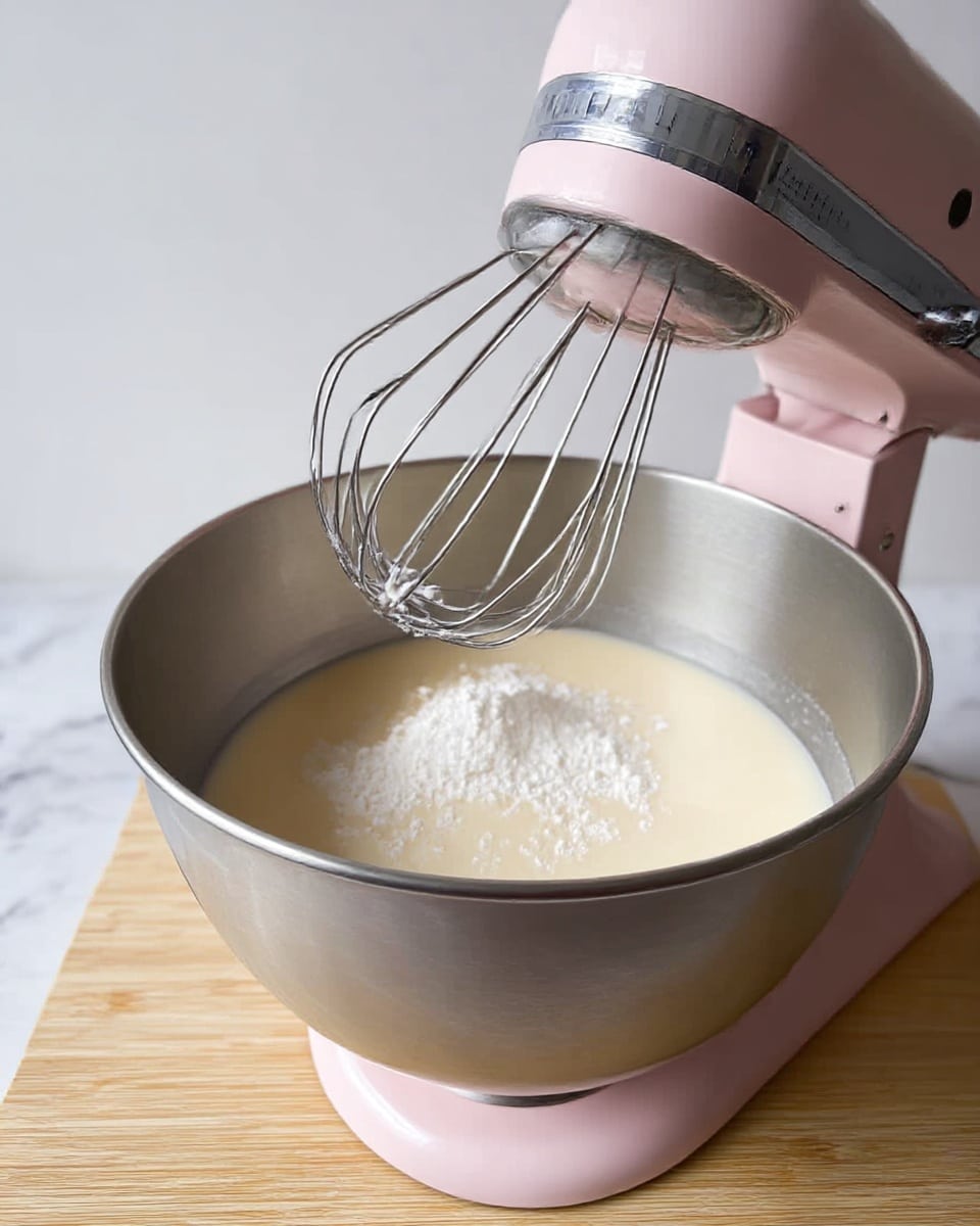 A silver mixing bowl attached to a pink stand mixer sits on a light wooden surface. Inside the bowl is a creamy, pale yellow liquid with white powder sprinkled on top, creating a soft mound in the center. A silver wire whisk is suspended above the mixture, ready to blend the ingredients. The background is plain and light, with a smooth white marble texture on the surface beneath the mixer photo taken with an iphone --ar 4:5 --v 7