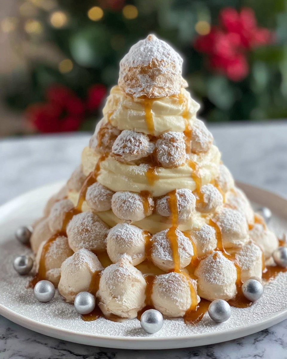 A multi-layered dessert shaped like a small mountain sits on a white plate with a white marbled texture underneath. The base layer consists of round, pale meringue balls dusted with powdered sugar, arranged in a circle. On top of this is a creamy, light yellow layer, gently spread, followed by another thinner layer of meringue balls dusted with powdered sugar. A shiny caramel sauce drizzles down from the top, coating the layers unevenly and catching the light. Small silver edible balls are scattered around the meringue layers for decoration. The dessert tapers to a peak with a larger meringue ball at the top, also dusted with powdered sugar. The blurred background shows some green and red holiday foliage. Photo taken with an iphone --ar 4:5 --v 7