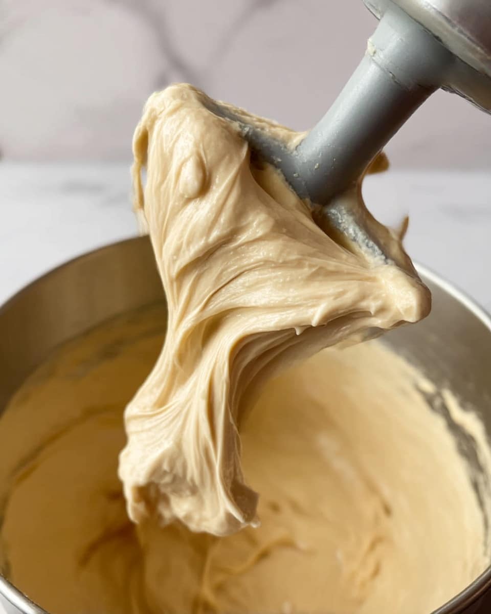 A close-up image showing creamy, light beige batter clinging to a gray mixer paddle while more of the smooth batter fills a stainless steel mixing bowl below. The batter has a thick, flowing texture with soft folds and peaks visible on the paddle and inside the bowl. The background features a white marbled surface, and the scene is focused on the rich, glossy batter's texture as it is lifted by the paddle, held by a woman's hand that is just out of frame. photo taken with an iphone --ar 4:5 --v 7