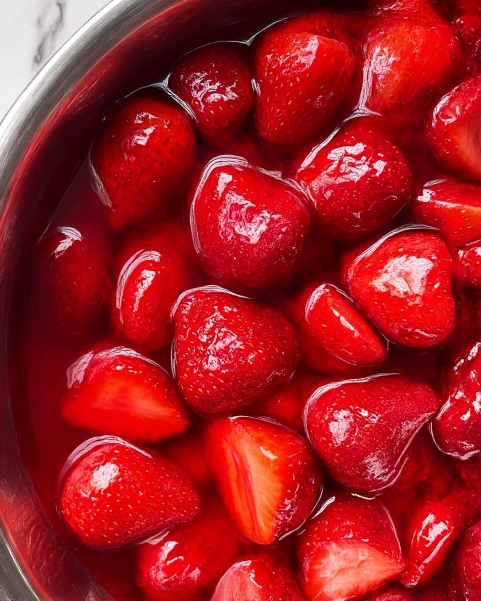 This image shows a close-up of a single layer of whole and halved strawberries soaking in bright red syrup inside a shiny metal bowl. The strawberries are shiny, wet, and vary in size, with some showing smooth surfaces and tiny seeds. The syrup pools around the strawberries, giving a rich, glossy red color that covers and surrounds them. The bowl's metallic inner side reflects light, adding a smooth silver texture on the edges. The background is a white marbled texture. photo taken with an iphone --ar 4:5 --v 7