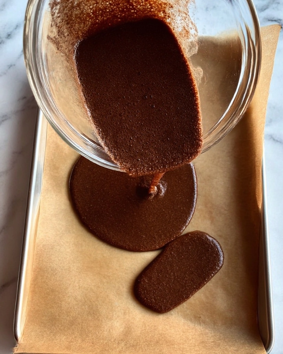 A thick, dark brown batter with a smooth and slightly bubbly texture is being poured from a clear glass bowl onto a sheet of light brown parchment paper that lines a tray. The batter forms a circular layer in the center and a smaller, elongated shape nearby. The background surface is a white marbled texture. photo taken with an iphone --ar 4:5 --v 7
