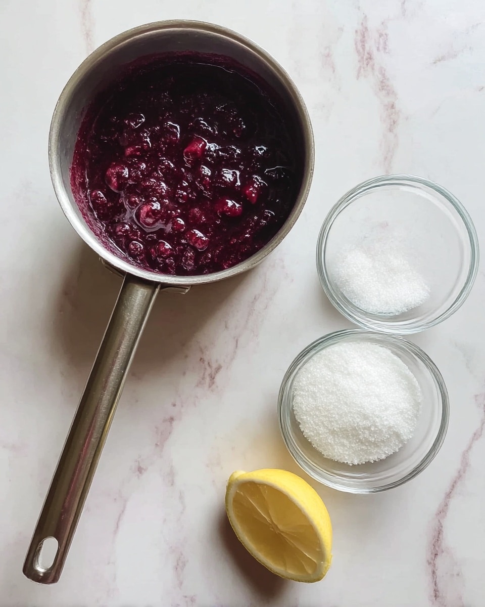 A close-up top view shows a small metal pot with a long handle filled with thick, dark purple sauce containing visible pieces of berries. To the right of the pot is a small clear glass bowl filled with white granulated sugar. Below the sugar bowl is a small lemon wedge with a bright yellow peel and pale yellow inside. All items are placed on a white marbled surface with soft natural light. photo taken with an iphone --ar 4:5 --v 7
