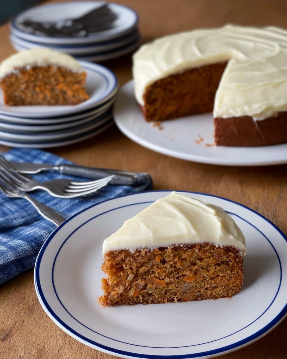 A thick slice of carrot cake sits on a white plate with blue rings near the edge, showing one thick bottom layer of moist, brown cake with visible small carrot bits and a smooth, thick layer of creamy white frosting on top. In the background, a white plate holds the remaining round cake with one slice missing, revealing the same single cake layer and thick frosting layer, with faint lines drawn into the frosting. The scene is set on a wooden table with a folded blue checkered cloth nearby, a stack of white plates with blue rings, and forks scattered around. Photo taken with an iphone --ar 4:5 --v 7