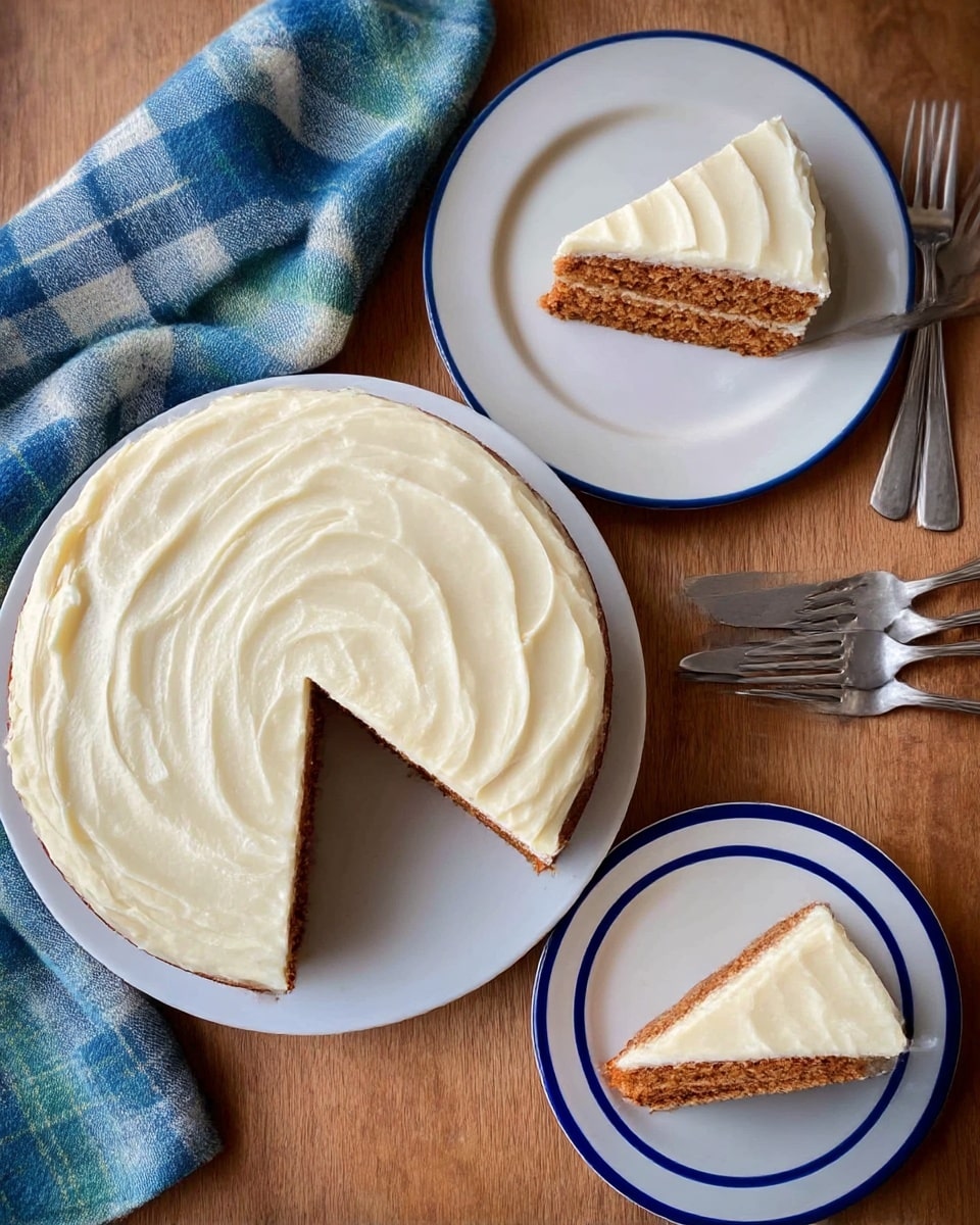 A round cake with one slice missing sits on a white plate placed on a wooden surface. The cake has two visible layers: a moist brown cake base and a thick layer of smooth, light cream-colored frosting with textured swirls on top. Nearby, one slice of the cake is served on a smaller white plate with two blue rings near the edge, with a silver fork resting on it. There are also three silver forks grouped together on the wooden table next to the plate with the slice. A blue, white, and green checkered cloth lies folded on the wooden surface to the left of the cake plate. Photo taken with an iphone --ar 4:5 --v 7