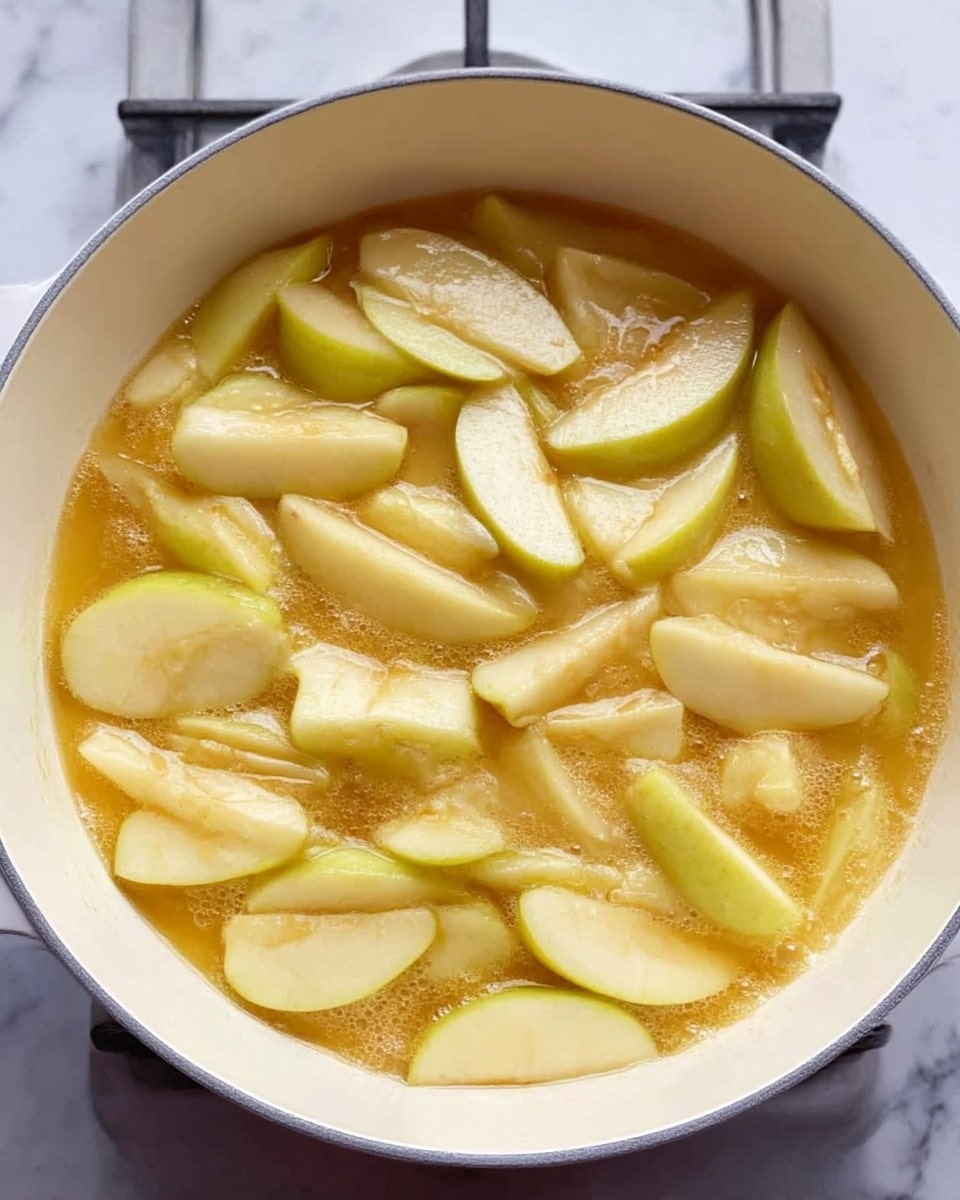 A white pot filled with many slices of light green and pale yellow fruit cooking in a light golden liquid sauce. The fruit slices vary in size and shape, with some showing smooth edges and others slightly rough. The sauce bubbles gently, covering the bottom and parts of the sides of the pot, and the pot rests on a stovetop burner with a white marbled surface beneath. photo taken with an iphone --ar 4:5 --v 7