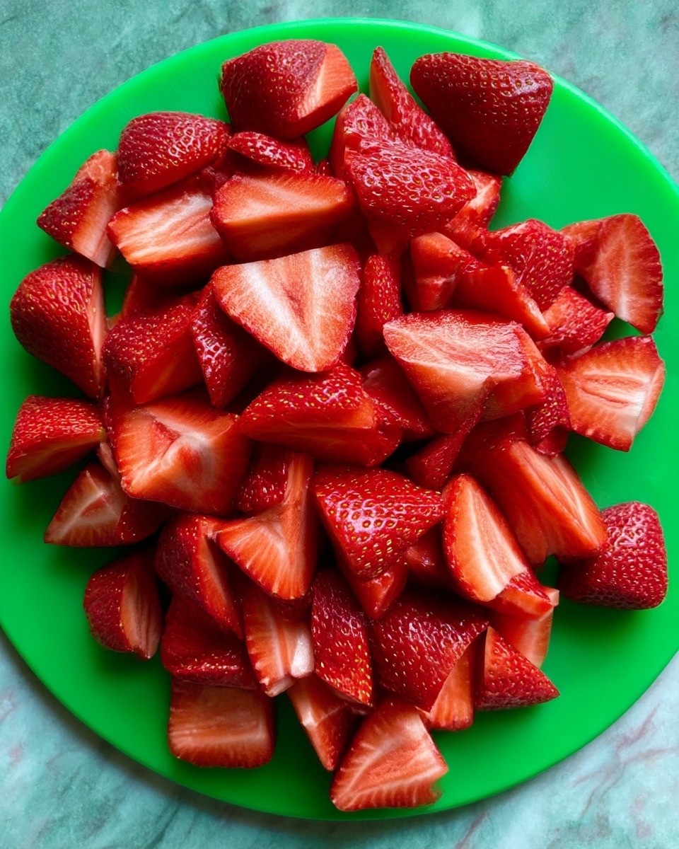 A pile of sliced strawberries is arranged on a round green cutting board, showing various shapes like wedges and halves with bright red color and visible seeds. The strawberry pieces have a juicy, fresh appearance with smooth, shiny surfaces. The background is replaced with a white marbled texture. photo taken with an iphone --ar 4:5 --v 7