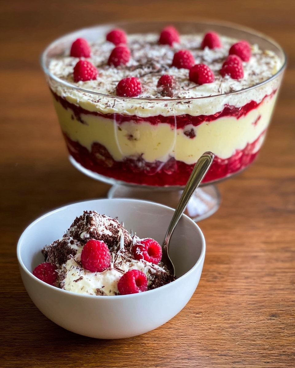 A clear glass bowl shows a layered dessert with five distinct layers. At the bottom, there is a dark chocolate layer with a rough texture. Above that is a smooth pale yellow cream layer, followed by a vibrant red layer of sliced strawberries arranged against the glass. Next is a mix of dark chocolate chunks and white cream, topped by a thick white cream layer. The top surface is covered with whole red raspberries dusted lightly with powdered sugar. The bowl is placed on a white marbled surface with a silver spoon resting beside it. photo taken with an iphone --ar 4:5 --v 7
