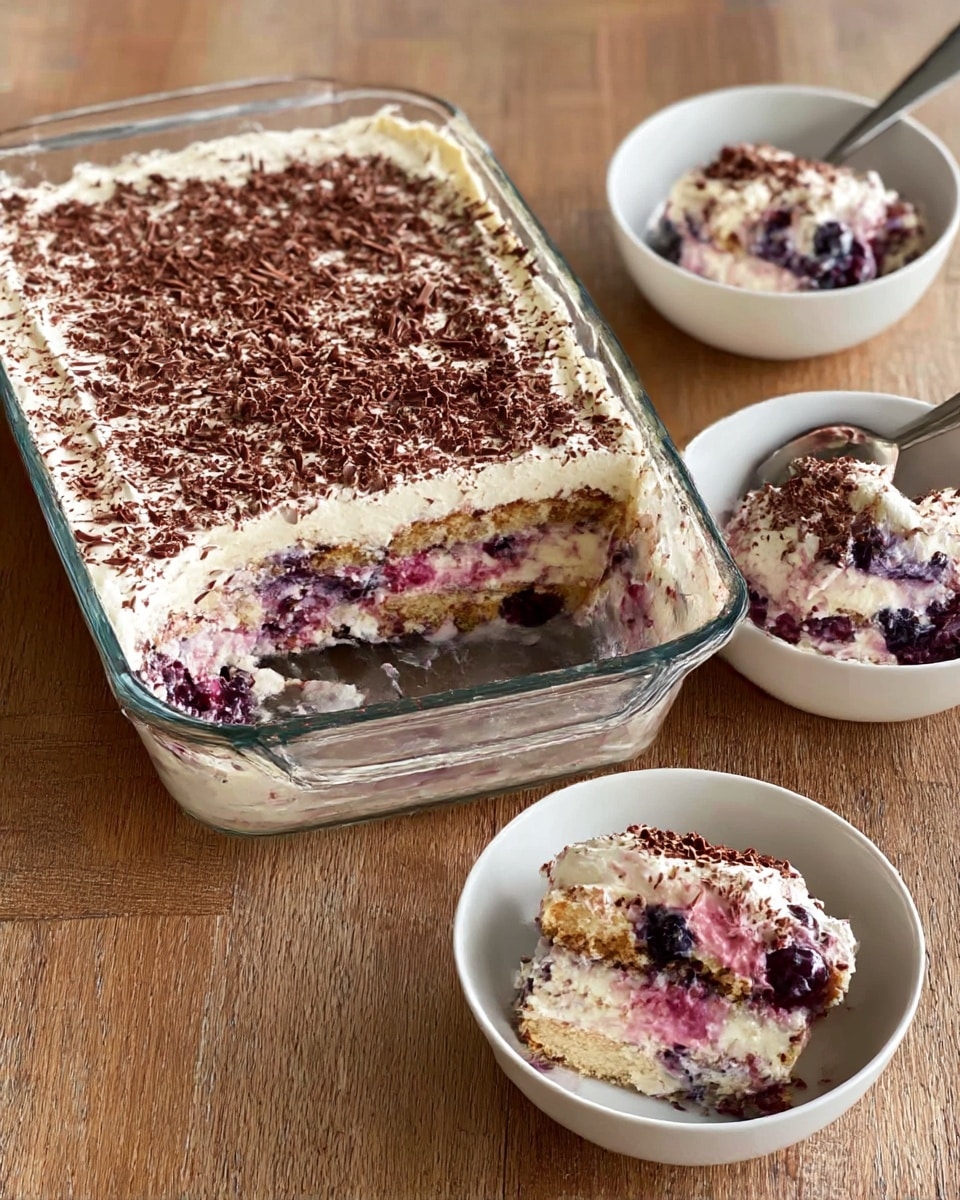 The image shows a clear glass rectangular baking dish filled with a layered dessert. The top layer is white cream sprinkled evenly with brown chocolate shavings. Inside, layers of purple and pink fruit mixed with creamy white filling and light brown cake are visible where a scoop has been taken out. Next to the dish, two white bowls hold servings of the dessert, showing the same layers of cream, fruit, and cake. One bowl has a silver spoon resting inside. The whole scene is set on a wooden surface with soft natural light. Photo taken with an iphone --ar 4:5 --v 7
