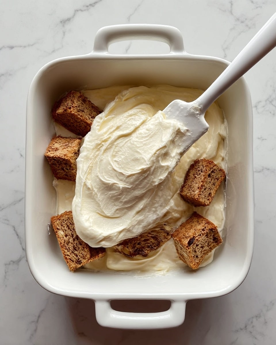 A square white ceramic dish with two handles contains one layer of small pieces of brown cake with visible dark spots, evenly placed at the bottom. On top of the cake pieces, there is a large dollop of thick, white cream being spread by a white spatula. The dish rests on a white marbled surface. Photo taken with an iphone --ar 4:5 --v 7