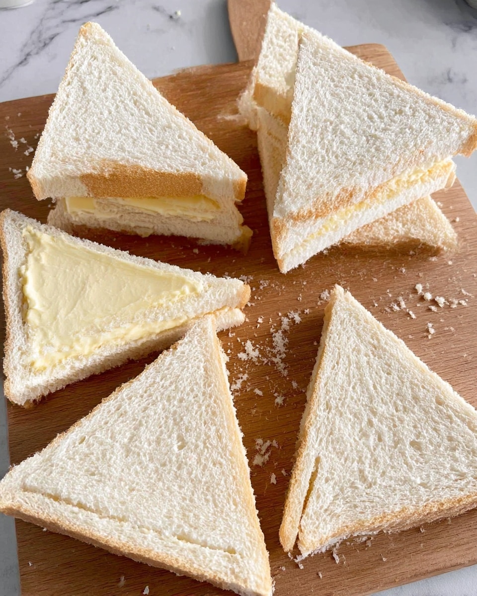 The image shows several triangular white bread sandwiches arranged on a wooden cutting board with some bread crumbs scattered around. One group of sandwiches is stacked in two layers with clean edges, while another group has a visible spread of pale yellow butter inside. A few sandwich triangles are plain white bread with no filling visible. The background is a white marbled texture. photo taken with an iphone --ar 4:5 --v 7
