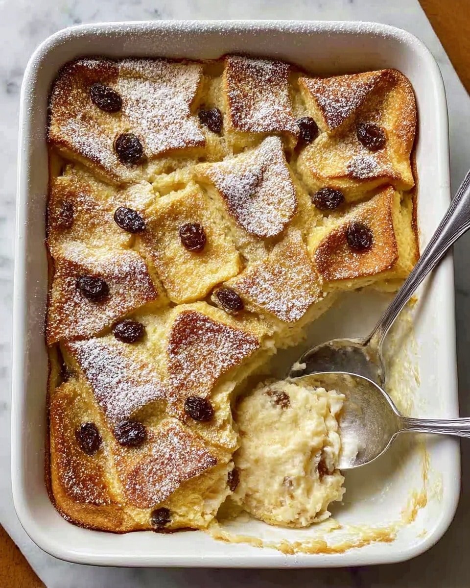 The image shows a white square casserole dish filled with a baked dessert that has several layers of light golden brown crepe-like pieces with dark raisins scattered throughout. The top layer is dusted with powdered sugar, and there are two scoops of melting white ice cream placed near the center. A portion of the dessert is missing from the bottom right corner, revealing a creamy inside with syrupy spots. The dish is placed on a wooden surface with a white textured cloth partially visible in the top left corner. Photo taken with an iphone --ar 4:5 --v 7
