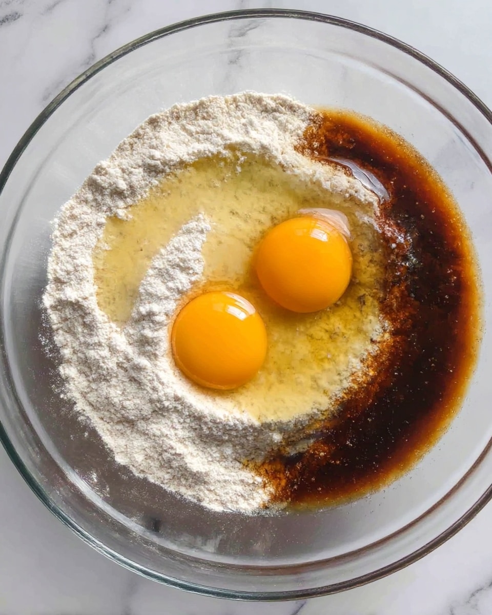 A clear glass bowl holds a layer of white flour at the bottom, topped with two bright orange egg yolks placed near the center. Surrounding the yolks is a light yellow liquid, likely butter or oil, mixing slightly with a dark brown liquid that creates a marbled effect along one side. The combination of dry and wet ingredients contrasts with the transparent texture of the bowl, all set on a white marbled surface. photo taken with an iphone --ar 4:5 --v 7