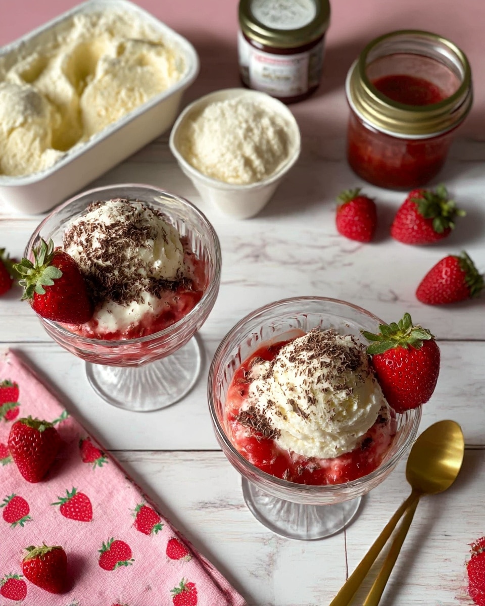Two clear glass bowls with scalloped edges sit on a white marbled surface, each holding a dessert with three main layers. The bottom layer is bright red strawberry sauce, topped with a smooth, pale cream color scoop of vanilla ice cream. On top of the ice cream, there is a dollop of white whipped cream, slightly melting and blending with some of the strawberry sauce. Shaved dark chocolate bits are sprinkled over the whipped cream and strawberries. A fresh red strawberry with green leaves is nestled into the side of the ice cream in each bowl. Nearby on the surface, there are several whole strawberries and an open jar filled with red strawberry sauce. photo taken with an iphone --ar 4:5 --v 7