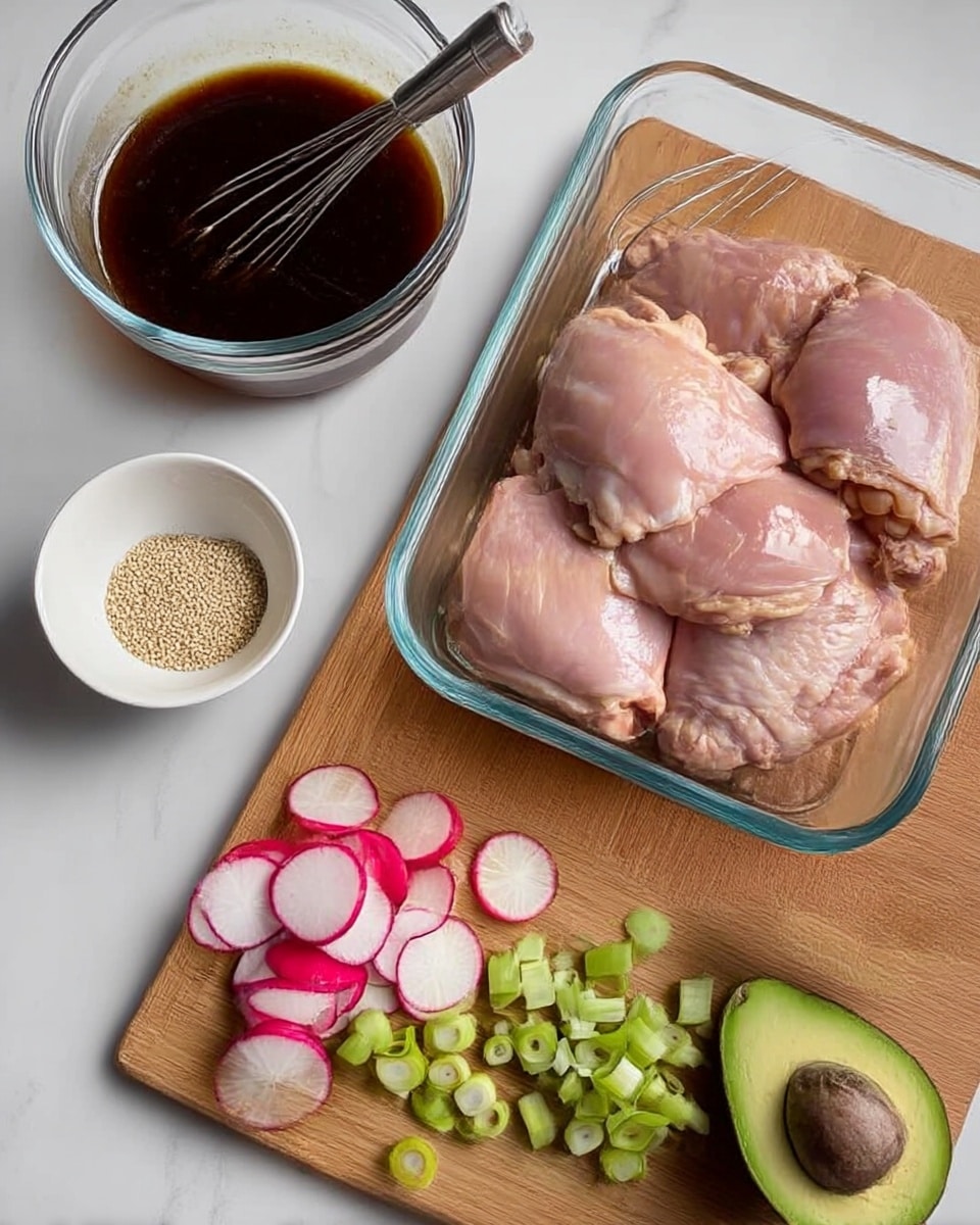 The image shows two main sections on a white marbled surface: on the left, a clear glass container holds four raw chicken thighs with pale pink skin layered neatly on top of each other, showing smooth and glossy textures. On the right, a wooden cutting board displays a clear glass bowl filled with dark brown sauce and a small metal whisk resting inside. Next to the bowl, there is a small white bowl with light tan sesame seeds, and sliced radishes with white centers and bright pink edges arranged in a small pile. Below the radishes, there are small chunks of light green avocado and a halved avocado with dark green skin and a large brown seed. In front of the avocado pieces are chopped green onions with light and dark green round slices. The overall setup is clean and organized. photo taken with an iphone --ar 4:5 --v 7