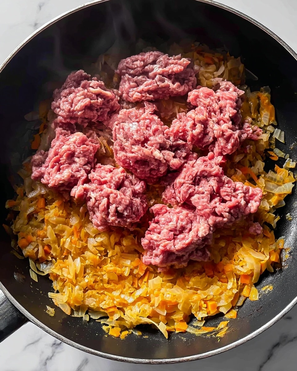 A white plate with blue floral patterns holds a serving of cooked white rice as the base layer, spread evenly across the plate. On top, there is a generous layer of cooked minced beef mixed with small bits of carrot, all in a rich, dark brown sauce with a glossy texture. Scattered on top are slices of fresh green onions, adding a bright pop of green color. The plate rests on a white marbled surface, and next to it lies a pair of red chopsticks decorated with subtle floral designs. photo taken with an iphone --ar 4:5 --v 7