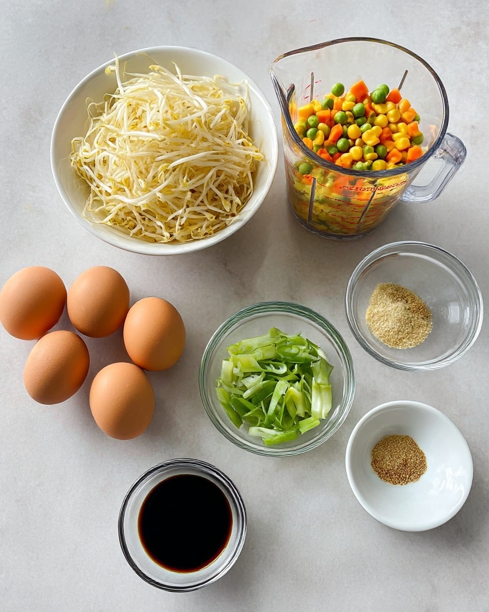 The image shows a collection of cooking ingredients arranged on a white marbled surface. There are seven brown eggs grouped closely together on the bottom left. Above them is a white bowl filled with pale yellow bean sprouts. To the top right of the eggs, there is a clear glass measuring cup holding a mix of chopped carrots, corn, and green peas. Below the measuring cup is a small clear bowl containing sliced green onions. Between the eggs and the green onions are two small white bowls; one contains a dark soy sauce and the other has a light mix of powdered spices. The arrangement is neat and evenly spaced. Photo taken with an iphone --ar 4:5 --v 7