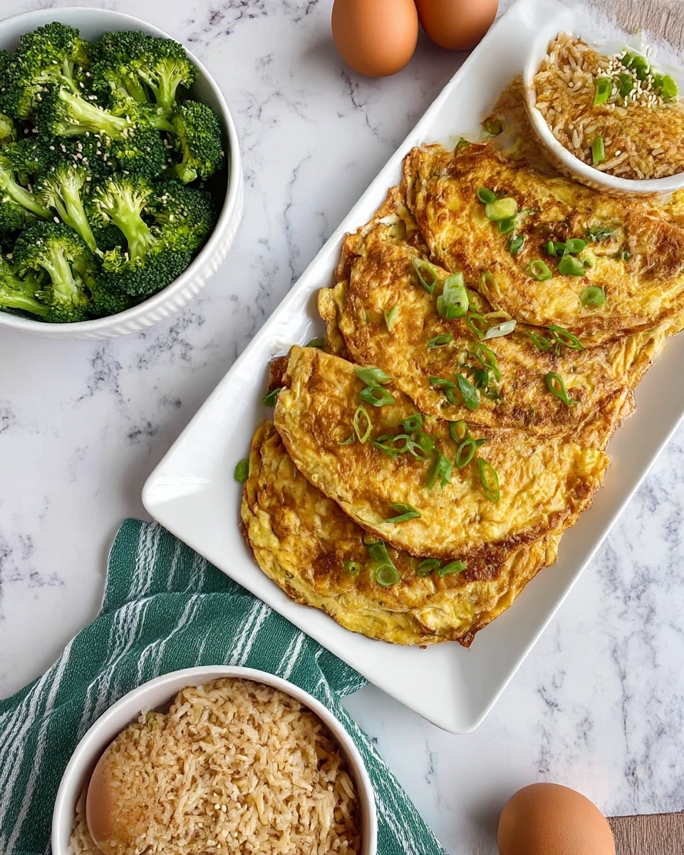 A golden brown omelette with a slightly crispy edge sits flat and occupies most of a white rectangular plate. Bright green slices of spring onion are scattered on top, giving small pops of fresh color against the smooth, cooked egg surface. In the background, two white dishes rest on a wooden board and a white marbled surface: one holds vibrant green broccoli sprinkled with white sesame seeds, and the other has a beige grain or rice with some green garnish visible. The colors are warm and natural, with soft lighting highlighting the textures. Photo taken with an iphone --ar 4:5 --v 7