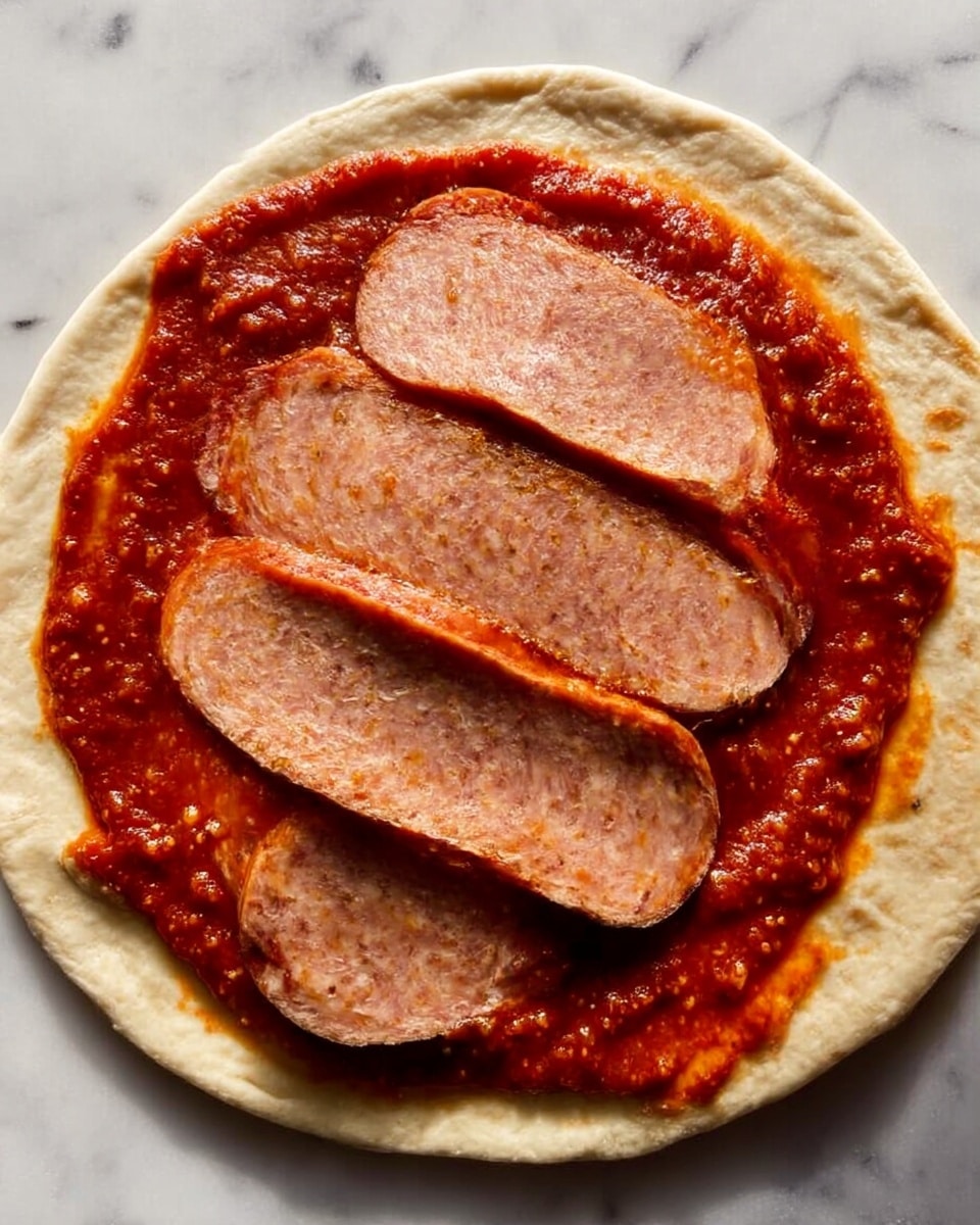 A close-up view of a pizza being prepared on a white marbled surface, showing one layer of beige dough forming the base, topped with a thick, uneven spread of dark red tomato sauce that has a slightly chunky texture. On top of the sauce, there are six slices of round, thin, light brown sausage arranged in an overlapping line across the center. Photo taken with an iphone --ar 4:5 --v 7