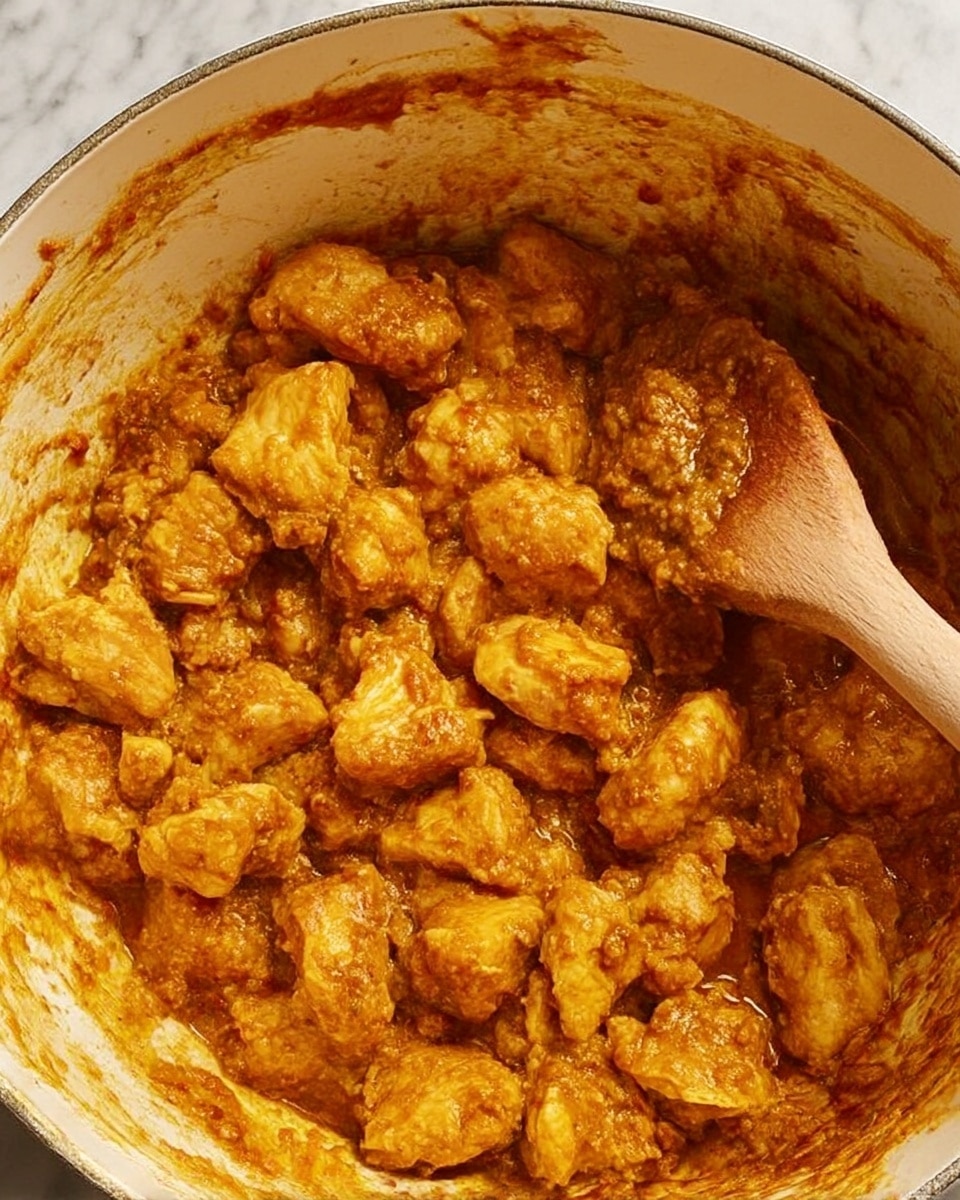 The image shows many small pieces of chicken covered with a thick orange sauce inside a white pot. The chicken pieces are chunky and uneven in size, and the sauce clings to each piece, giving a rich spreading texture all around. A wooden spoon covered with sauce rests on the right side, partially buried under the chicken chunks. The inside walls of the pot also have streaks of orange sauce. The background surface is white marble. photo taken with an iphone --ar 4:5 --v 7