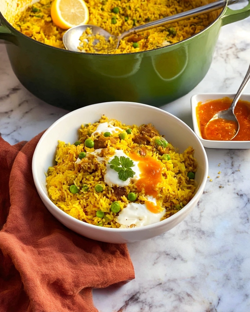 A white pot with green handles filled with yellow rice mixed with pieces of meat and green herbs, topped with two lemon slices in the center, and a silver spoon resting inside the pot on the right side. Below the pot, a white bowl contains a serving of the same yellow rice with pieces of meat and green herbs, along with a dollop of white sauce on top, and a silver spoon placed inside. To the right of the pot, a white divided dish holds a brown sauce on one side and lemon slices on the other, with a small silver spoon resting on it. In the upper right corner, a white bowl contains a creamy white sauce with herbs. The background is a white marbled texture with an orange cloth partially visible to the left. photo taken with an iphone --ar 4:5 --v 7