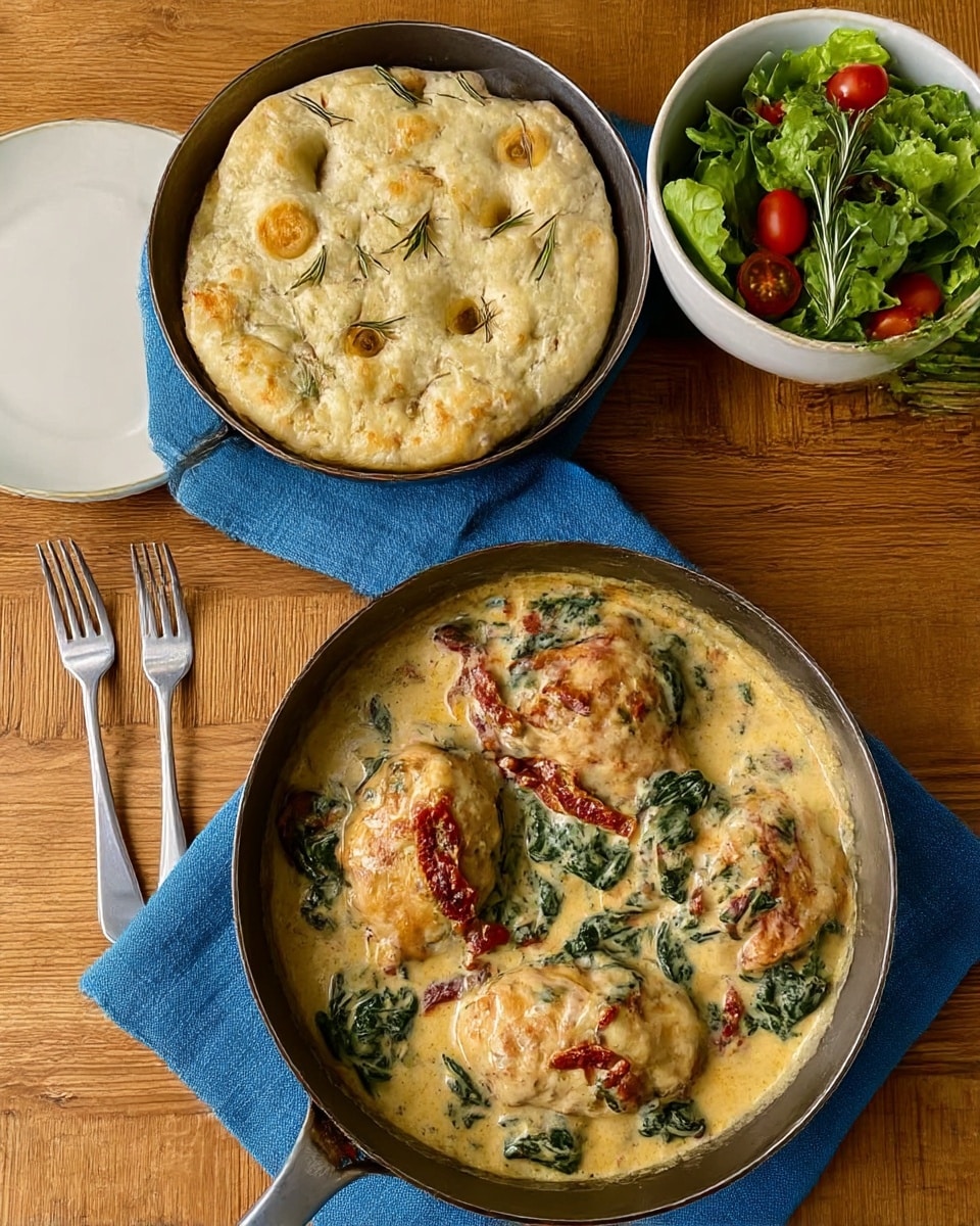 A dark cast iron pan filled with five pieces of cooked chicken covered in a creamy yellow sauce with visible black pepper specks, wilted dark green spinach leaves, and small pieces of sun-dried red tomatoes scattered on top. The pan is placed on a white marbled textured surface. In the background, there is a dark cast iron pan with three large pieces of biscuit, one biscuit broken into a small piece placed next to it, and some blurred utensils and greens further back. Photo taken with an iphone --ar 4:5 --v 7