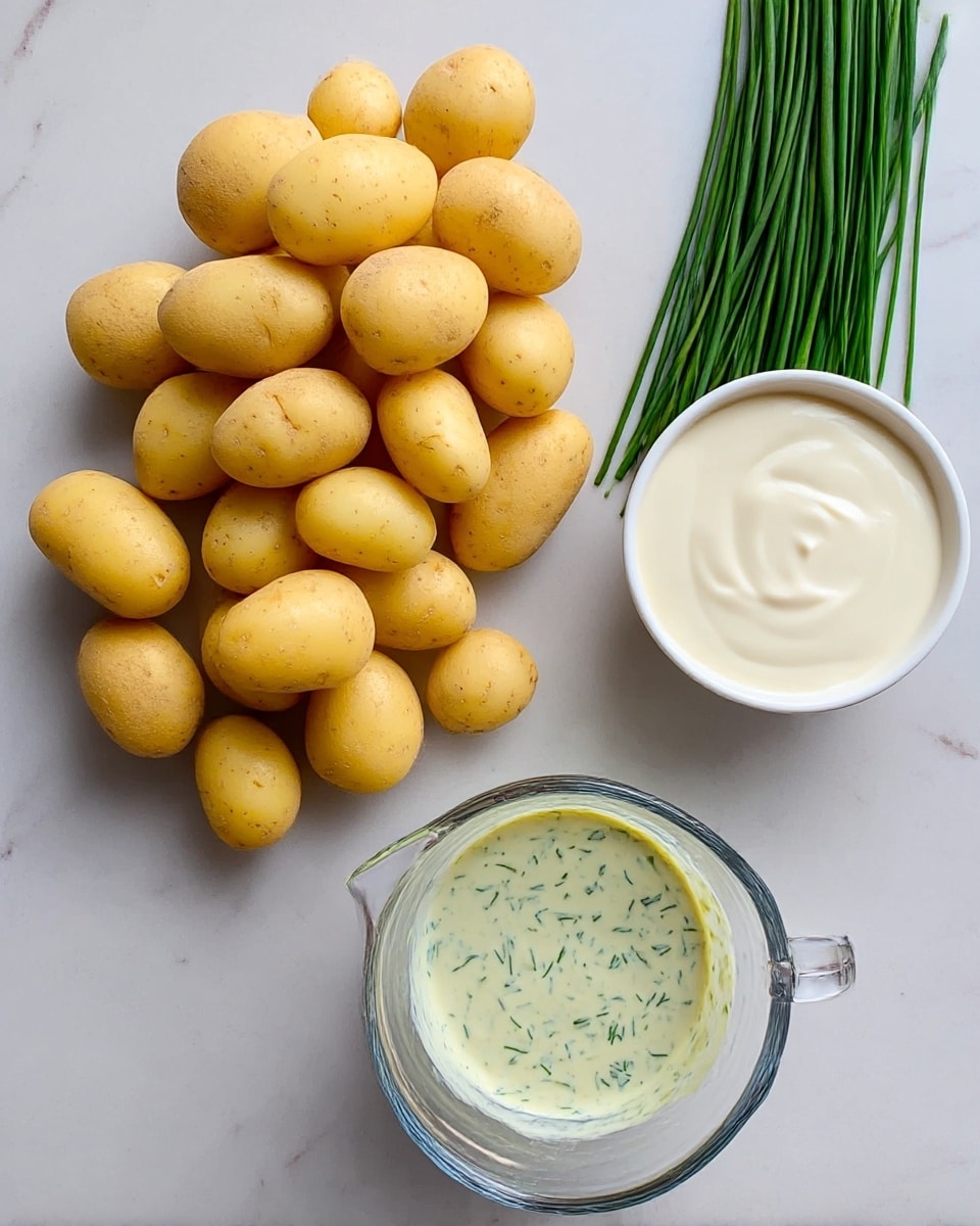 A collection of small, golden-yellow potatoes is piled loosely on the left side, showing smooth, slightly dusty skins. Above the potatoes, there is a neat bundle of fresh, long green chives. On the right, a white container holds thick, smooth white cream. Below it, a clear glass measuring cup contains a light green creamy sauce mixed with fine green herbs, visible through the transparent sides. All items rest on a white marbled surface. photo taken with an iphone --ar 4:5 --v 7