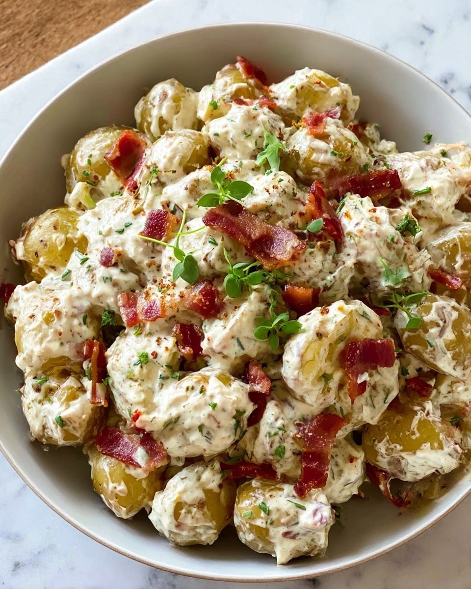 The image shows a white oval baking dish filled with potato salad on a white marbled surface. The potato salad has chunky, light yellow potato pieces coated in a creamy white dressing mixed with small green chive pieces and sprinkled pine nuts on top. The salad looks fresh with a slightly speckled appearance from herbs in the dressing. A silver spoon lies to the right side of the dish on the white marbled surface. The overall color palette includes creamy white, pale yellow, light green, and tan from the pine nuts, giving a fresh and natural look. Photo taken with an iphone --ar 4:5 --v 7