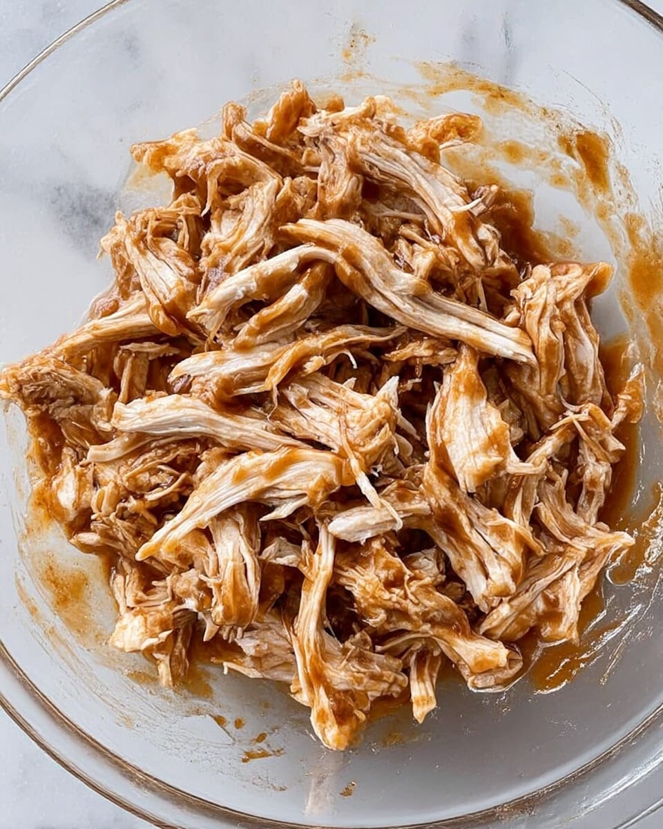 A close-up view of shredded cooked chicken mixed well with a thick brown sauce in a clear glass bowl, showing many small and irregular pieces coated with the sauce. The chicken pieces have shades of light beige and brown with a slightly glossy texture from the sauce. The clear bowl sits on a white marbled surface with some sauce smudges on the sides, giving a fresh, simple cooking feel. photo taken with an iphone --ar 4:5 --v 7