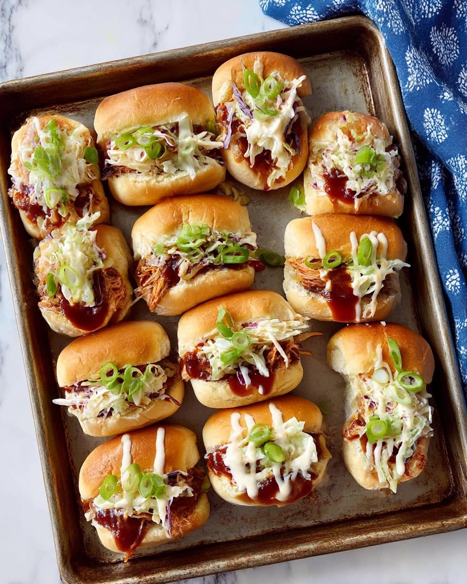 There are ten small sandwiches arranged in rows on a metal tray over a white marbled surface. Each sandwich has three visible layers: a soft golden-brown bun on the bottom, pulled pork with a reddish-brown barbecue sauce in the middle, and a fresh mix of white and purple coleslaw topped with thinly sliced green onions on top. Some sandwiches are drizzled with a light creamy sauce over the coleslaw. The background includes a blue cloth with white patterns draped partly visible at the top right corner. photo taken with an iphone --ar 4:5 --v 7