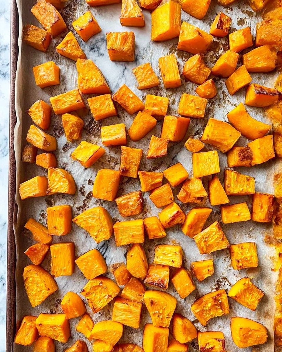 This image shows many small pieces of roasted orange butternut squash spread out in a single layer on a baking tray lined with slightly browned parchment paper. The squash pieces have a mix of smooth and slightly wrinkled textures, with some edges showing light caramelized brown spots. The colors of the squash pieces range from bright orange to darker orange with golden brown spots. The shot is taken from above, showing the full tray filled with scattered, uneven pieces. The background beneath the tray is a white marbled texture. photo taken with an iphone --ar 4:5 --v 7