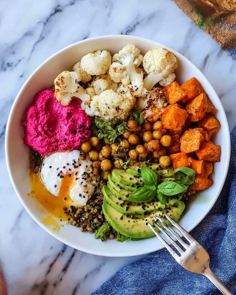 The image shows two white bowls filled with a mix of colorful foods on a white marbled surface with a blue cloth nearby. Each bowl has five visible layers: bright orange roasted sweet potato cubes in one section; creamy white cauliflower pieces next to them; golden-brown roasted chickpeas forming another section; bright pink beet hummus or dip in the center; and sliced green avocado topped with black sesame seeds in a fan shape on one side. One bowl also has a poached egg with a drizzle of dark sauce resting near the avocado and sweet potatoes. Small green herb leaves are scattered on top for garnish. Next to the bowls is a small white dish with a mix of black and white seeds and toasted bits. Photo taken with an iphone --ar 4:5 --v 7