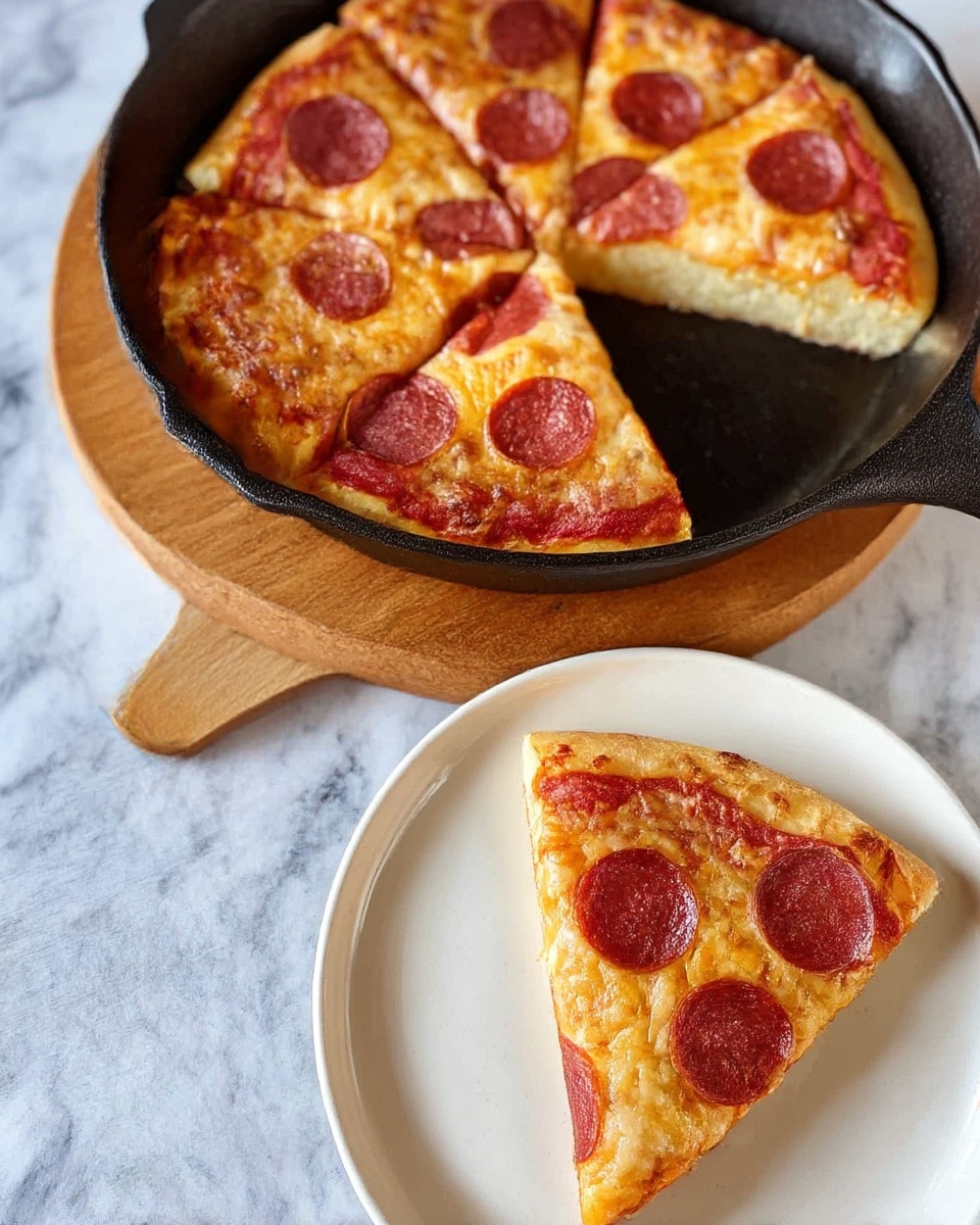 The image shows a pepperoni pizza in a black pan resting on a wooden board. The pizza is sliced into six pieces, with one piece slightly pulled away. The pizza features three layers: a light golden-brown crust forming the base, a bright red tomato sauce layer in the middle, and a top layer of melted, slightly browned cheese with round pepperoni slices scattered on top. A single slice of pizza is placed on a white plate in the foreground, showing the same layers clearly. The background surface is a white marbled texture. Photo taken with an iphone --ar 4:5 --v 7