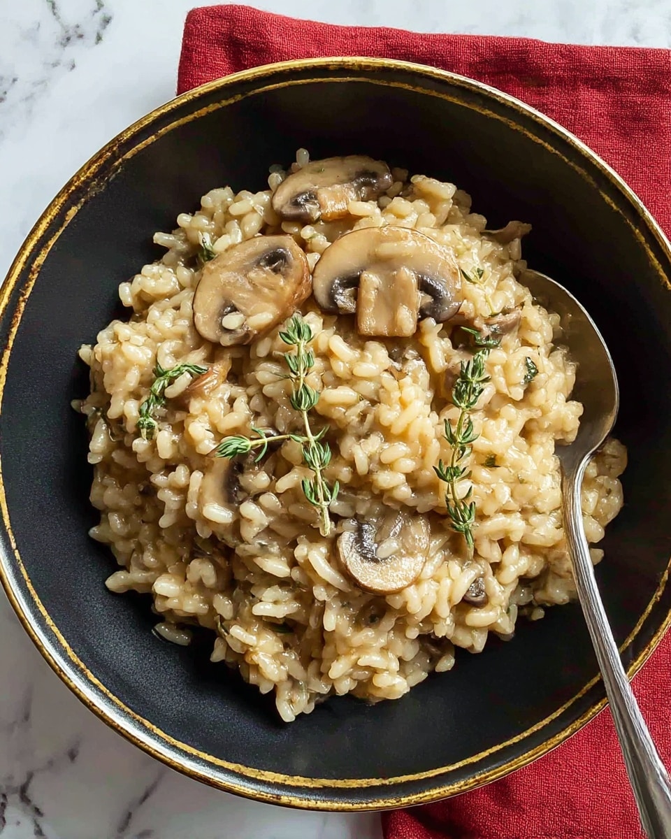 A close-up view of creamy mushroom risotto in a deep white bowl with a thin gold rim. The risotto has a light beige color with soft, slightly shiny grains mixed evenly with small pieces of sautéed mushrooms in light to medium brown shades. On top, there are a few fresh green sprigs of thyme, arranged gently in the center. The bowl is placed on a white marbled surface, next to a red cloth napkin and a silver fork, adding warm and simple table setting details. The lighting softly highlights the creamy texture of the rice and mushrooms. photo taken with an iphone --ar 4:5 --v 7