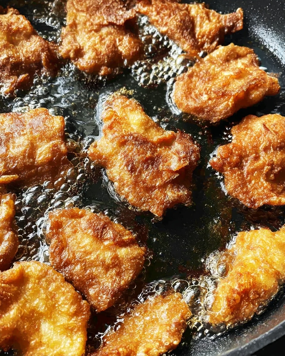 Several small, unevenly shaped pieces of golden brown fried food are cooking in a black pan. Each piece has a crispy, textured surface with some darker spots showing where the frying is more intense. The pieces are scattered close to each other, and there are shiny bubbles of oil around them, giving a greasy look. The pan surface is slightly reflective and black, showing clear signs of cooking use. The background is not visible, focusing fully on the food and pan. photo taken with an iphone --ar 4:5 --v 7