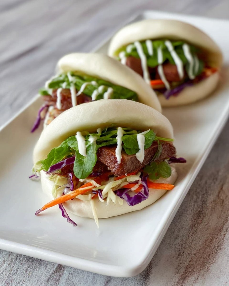 Three soft, white steamed buns are placed on a long white plate on a white marbled surface. Each bun is folded in half, forming a pocket filled with colorful layers: at the bottom, shredded purple and white cabbage mixed with thin orange carrot strips, topped with a piece of brown grilled meat. Above the meat are fresh, bright green leafy vegetables and drizzle of creamy white sauce on top. The buns look fluffy and smooth, slightly shiny on top. Photo taken with an iphone --ar 4:5 --v 7
