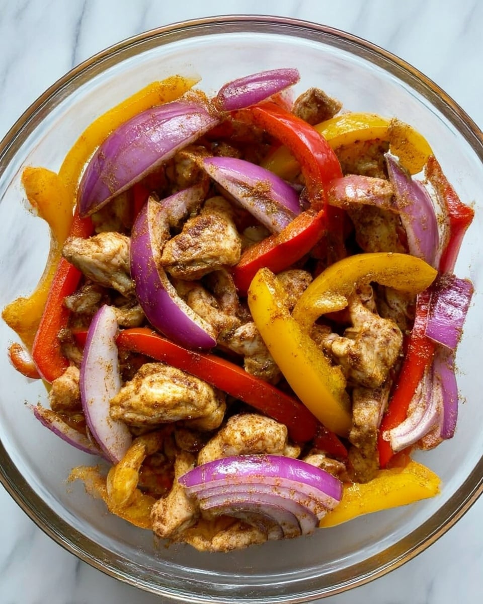 A clear glass bowl filled with a mix of cooked chicken pieces and sliced vegetables. The chicken is brown and looks tender, mixed with chunky red, yellow, and purple bell pepper strips. There are also thick slices of purple onion scattered throughout. The ingredients are coated lightly with a brown spice mix. The bowl sits on a white marbled surface. photo taken with an iphone --ar 4:5 --v 7