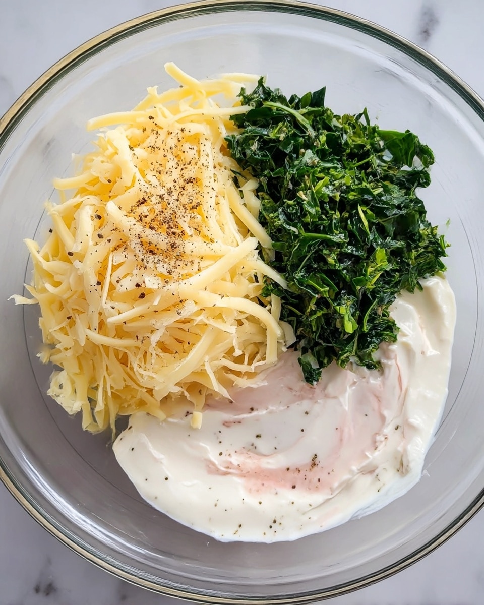A clear glass bowl contains three main layers, all separate. On the left is a pile of light yellow shredded cheese with a soft texture, sprinkled lightly with black pepper. On the top right, there is a bright green, finely chopped leafy mixture, appearing fresh and moist. On the bottom right, there is a thick white creamy layer with some specks of black pepper and a faint pinkish hue on the surface. The bowl is placed on a white marbled surface. photo taken with an iphone --ar 4:5 --v 7