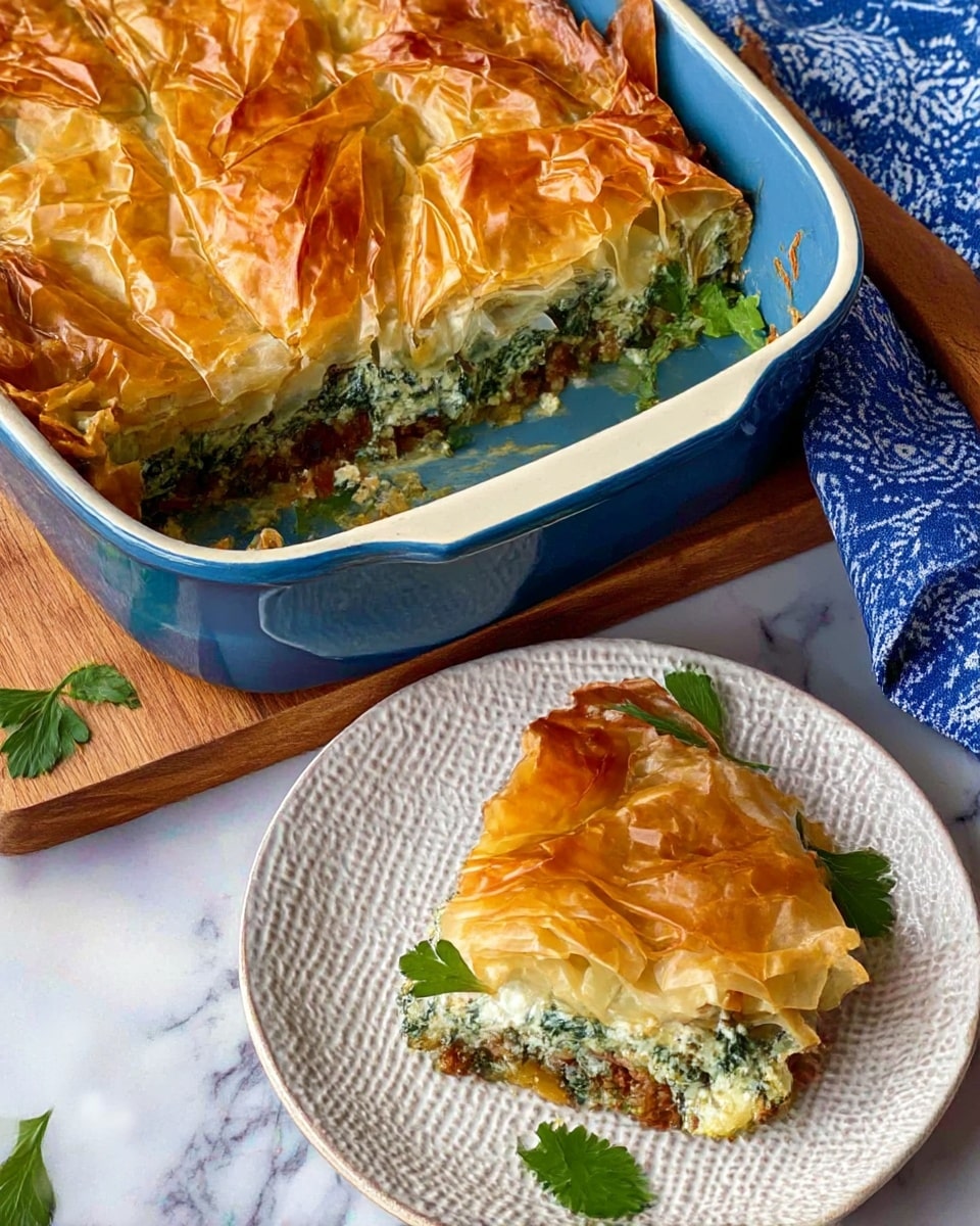A white rectangular baking dish holds a golden brown, flaky pie with several layers of crispy pastry on top, each layer showing a flaky texture with deep golden and slightly burnt edges. One section of the pie is missing, revealing a creamy filling mixed with green herbs and small bits of brown, cooked filling inside. Sprigs of fresh parsley sit on top of the pie for garnish. Next to the baking dish, a white plate holds a serving of the pie with visible layers of golden pastry and creamy green filling. The setup rests on a white marbled surface with a blue and white patterned cloth nearby. Photo taken with an iphone --ar 4:5 --v 7