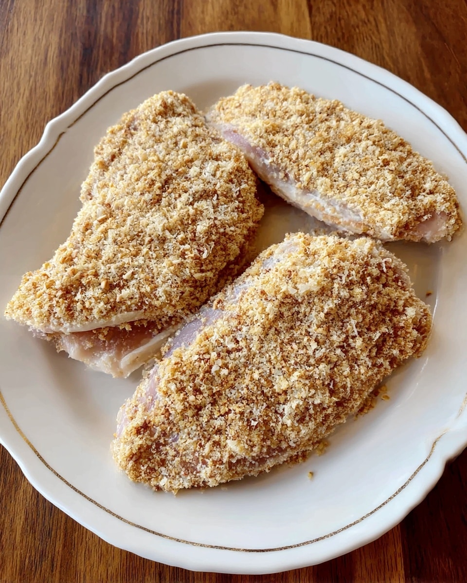 A white decorative oval plate holds three pieces of raw meat coated with light brown, crumbly breading that looks coarse and uneven. The breading covers almost the entire surface of the meat, showing bits of pale pink underneath. The plate rests on a wooden table. Photo taken with an iphone --ar 4:5 --v 7