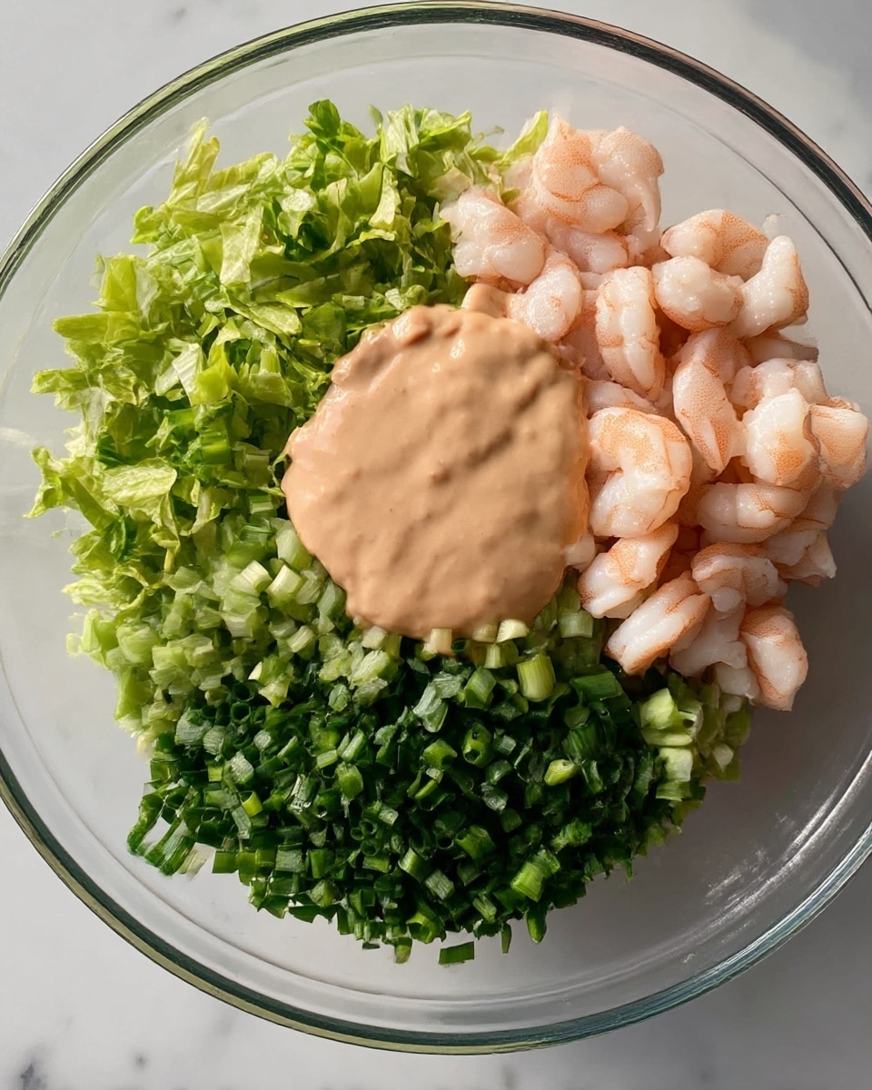 A clear bowl with five layers of ingredients arranged side by side: bright green chopped lettuce on the top left, creamy light brown sauce next to it, pale pink small shrimp to the right of the sauce, finely chopped green celery at the bottom center, and dark green chopped chives at the bottom left. The bowl is on a white marbled surface. Photo taken with an iphone --ar 4:5 --v 7