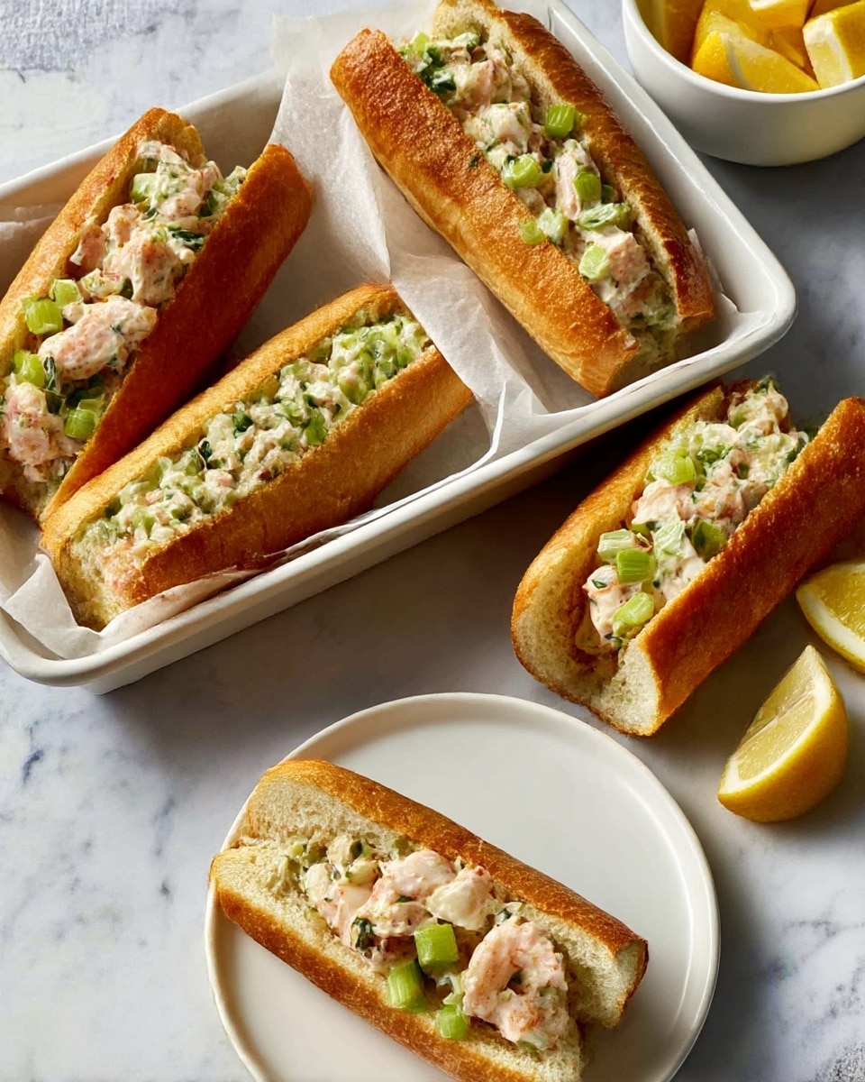 There are four sandwiches arranged in two rows on a white rectangular plate placed on a white marbled surface. Each sandwich has a light golden toasted bun as the base layer, topped with a chunky filling made of small, white seafood pieces mixed with chopped green celery and herbs, giving it green and white colors with creamy texture. Some of the seafood pieces are slightly browned, adding a touch of light brown to the mix. To the upper right side of the plate, there is a small white bowl containing several lemon wedges with bright yellow skin and pale yellow inside. The photo taken with an iphone --ar 4:5 --v 7