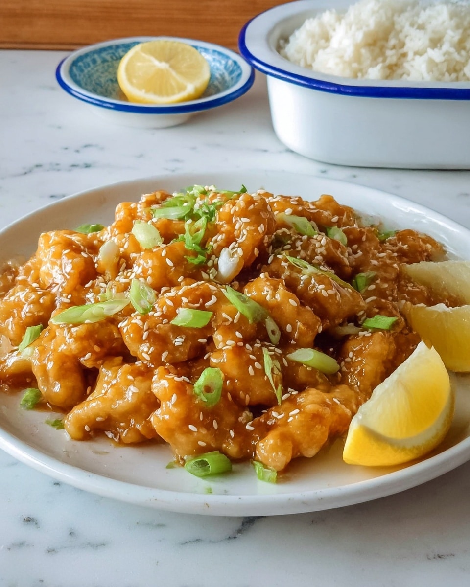 A white plate on a white marbled surface holds a pile of golden-brown fried pieces coated in a glossy orange sauce, sprinkled with white sesame seeds and chopped light green onions. On the right edge of the plate, there are two yellow lemon wedges. In the background, there is a white enamel dish with a blue rim filled with white rice. Photo taken with an iphone --ar 4:5 --v 7
