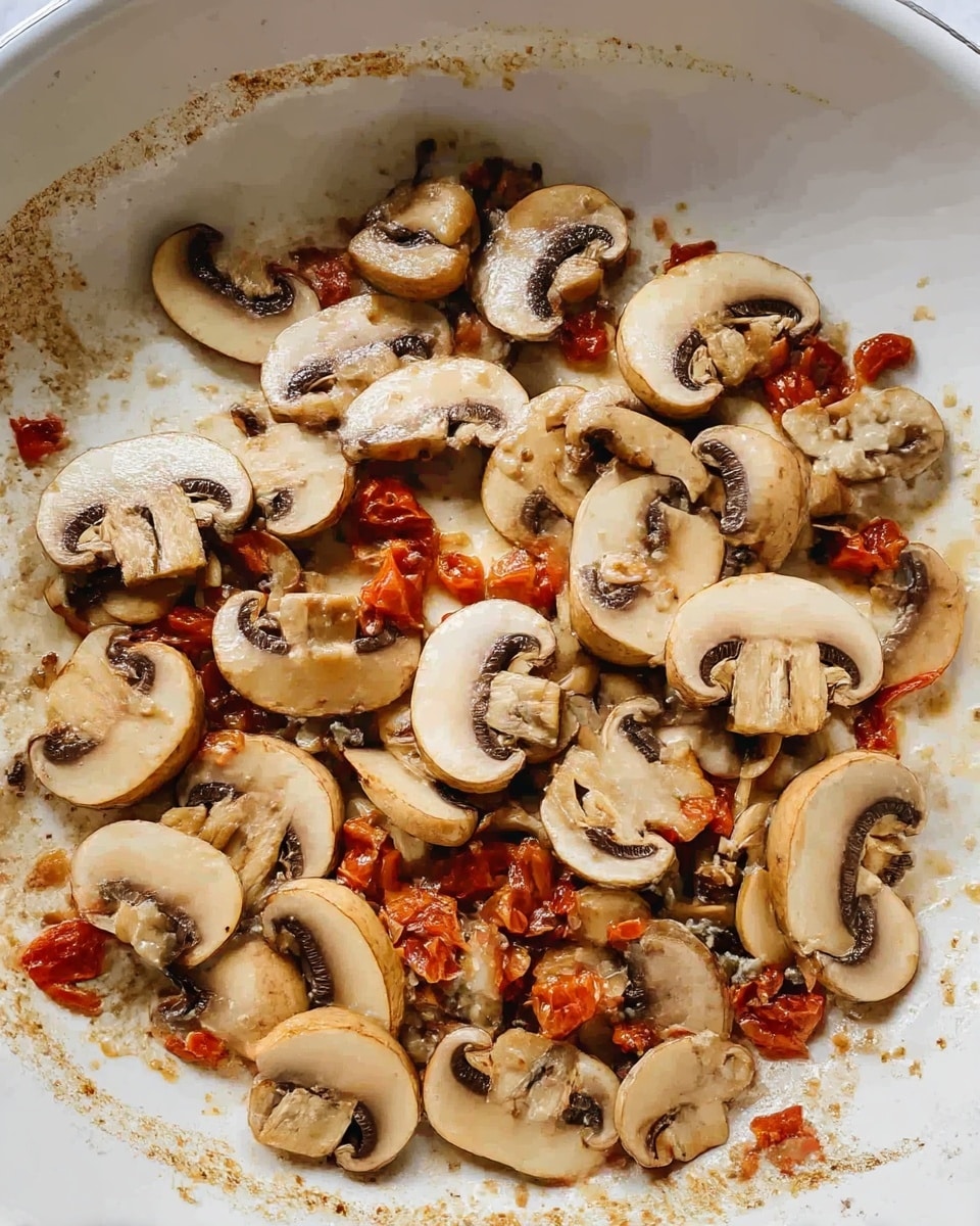 The image shows cooked sliced mushrooms scattered in a white pan with small pieces of cooked red tomato mixed in, creating a contrast between the light brown mushrooms and the vibrant red tomato bits. The pan surface is visible with some oil shine and slight browning from cooking, and the mushrooms have a soft texture with some darker edges from heat. The overall look is simple and rustic, appearing warm and fresh. The background is a white marbled surface photo taken with an iphone --ar 4:5 --v 7