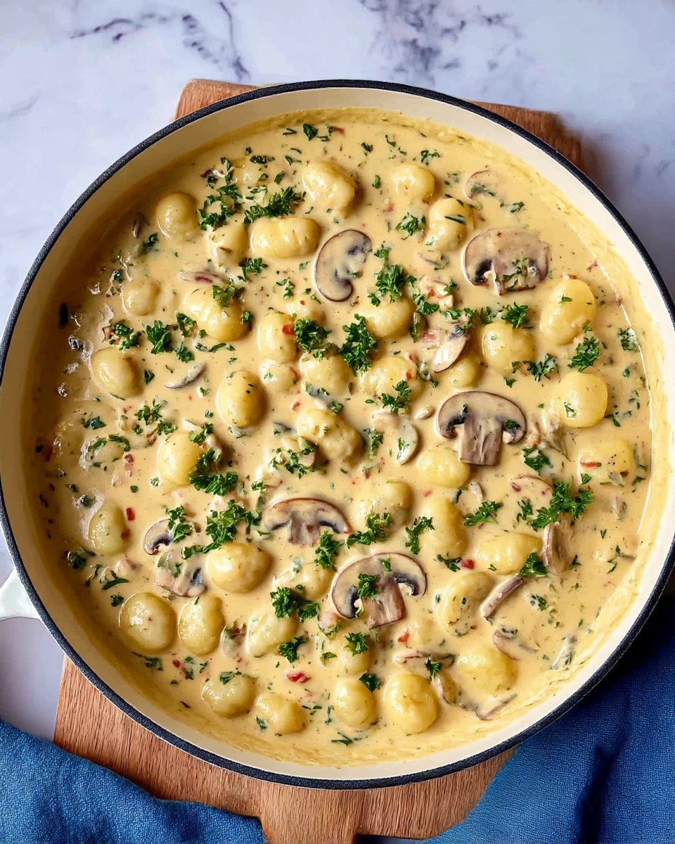 A black pan with two handles contains a creamy yellow sauce filled with small, smooth, oval-shaped gnocchi and sliced mushrooms. The sauce has a thick texture and is speckled with small green herbs spread evenly on top. The pan sits on a wooden cutting board, which rests on a white marbled surface with a soft blue cloth partially under the board. Photo taken with an iphone --ar 4:5 --v 7