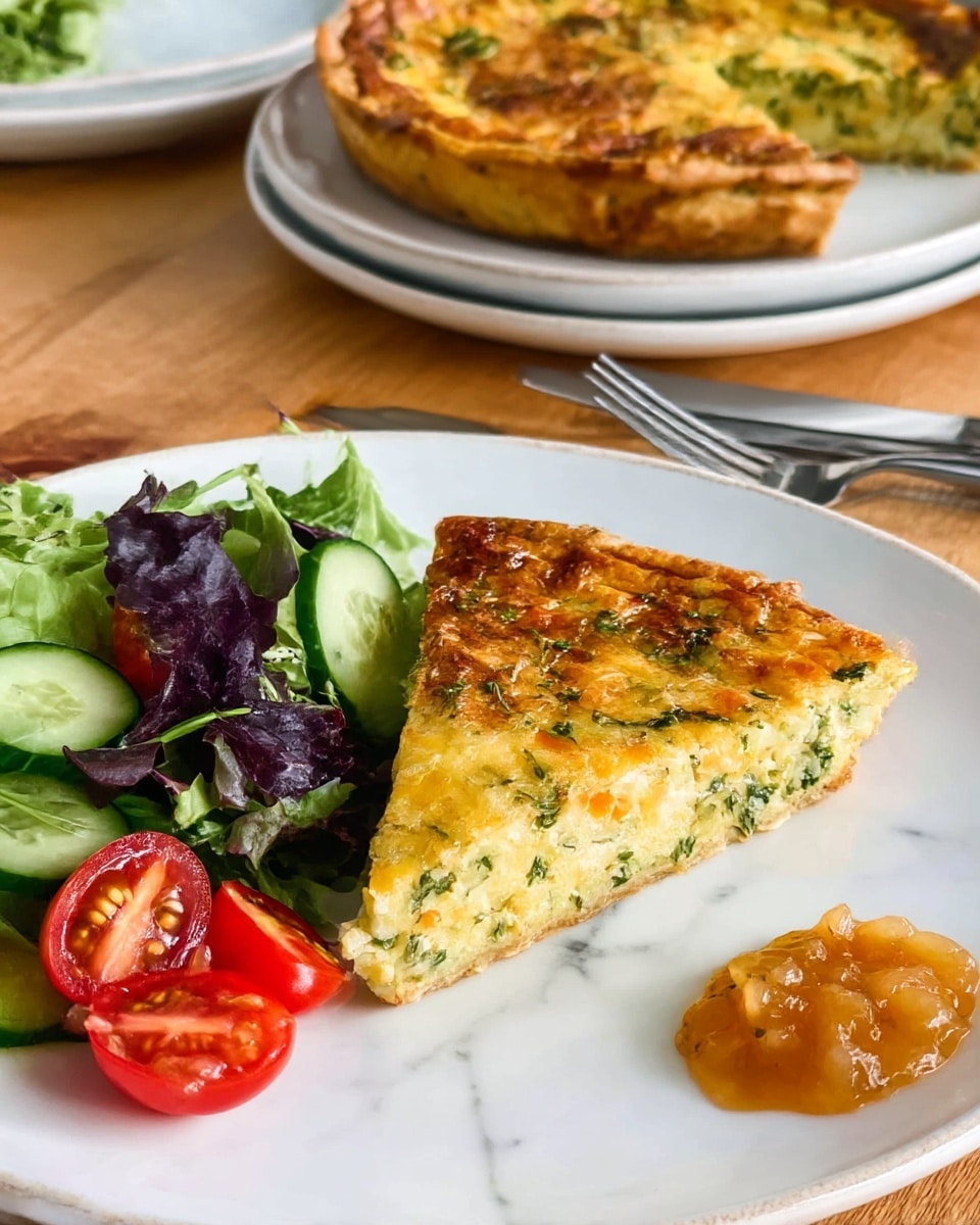 A white plate on a white marbled surface holds a thick triangular slice of golden-brown quiche with green herbs and small orange pieces inside, showing a slightly crispy top layer with a soft texture beneath; to the side is a small dollop of shiny, light orange chutney or sauce with visible chunks; next to the quiche is a fresh mixed green salad with dark purple, bright green leaves, quartered red cherry tomatoes, and sliced cucumber pieces, all vibrant and fresh. In the background, a whole quiche rests on stacked white plates, and a fork and knife sit on the wooden table. photo taken with an iphone --ar 4:5 --v 7