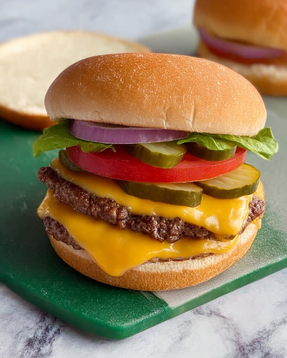 A cheeseburger with three layers of cooked beef patties covered in melted yellow cheese sits on the bottom half of a soft, light brown bun. On top of the patties are a layer of thin red onion slices, a thick slice of red tomato, a piece of green lettuce, and three green pickle slices, all stacked neatly under the top bun, which is slightly cracked. The burger is placed on a green cutting board with the top bun halves lying open in the background, and the whole scene is set on a white marbled surface. photo taken with an iphone --ar 4:5 --v 7