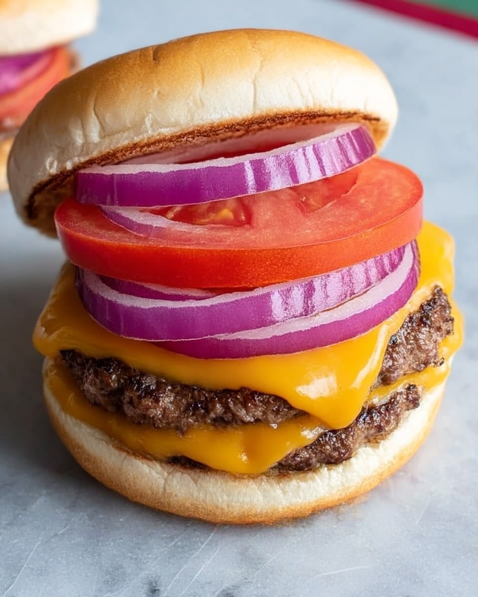 Two cheeseburgers sit on a piece of brown parchment paper over a wooden board on a white marbled surface. Each burger has a soft, light brown bun on top and bottom. The bottom bun holds two grilled beef patties covered with melted orange cheddar cheese. On top of the cheese are fresh, bright red tomato slices, purple rings of red onion, green pickle slices, and a green leaf of lettuce with some orange sauce. The second burger is slightly blurred in the background but shows similar layers. In the background, slices of red tomato and green lettuce can be seen on a wooden tray with a blue and white checkered cloth. Photo taken with an iphone --ar 4:5 --v 7