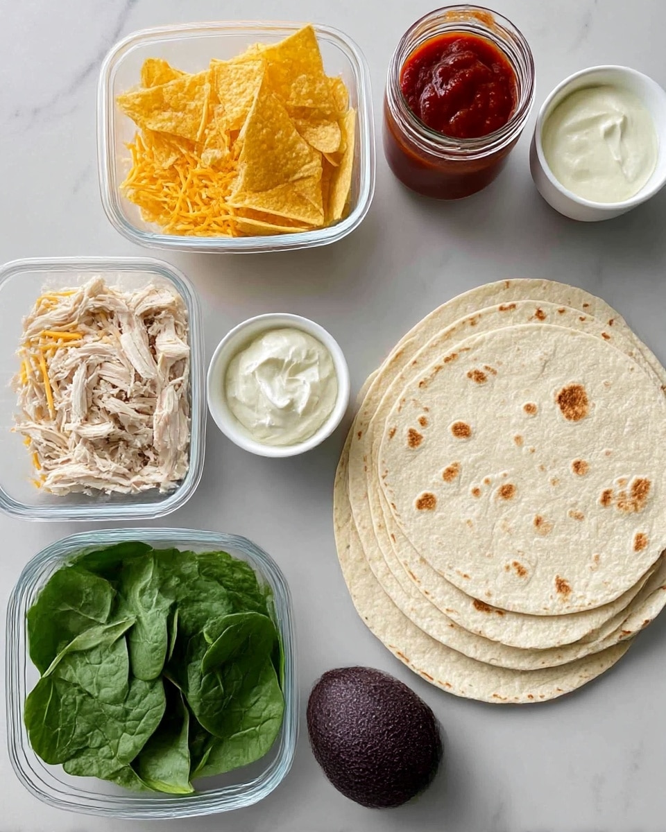 The image shows ingredients for making chicken tacos arranged neatly on a white marbled surface. On the right side, there is a stack of five soft, light tan flour tortillas with small brown spots. To the left, there is a small clear bowl of shredded yellow cheese and a clear square container with shredded cooked chicken. Above these, there is a small white bowl filled with yellow tortilla chips, a small white bowl with fresh green spinach leaves, a dark purple avocado, a small clear jar of red salsa, and a white container with white sour cream. The colors are fresh and natural, with the different textures and layers clearly visible. Photo taken with an iphone --ar 4:5 --v 7