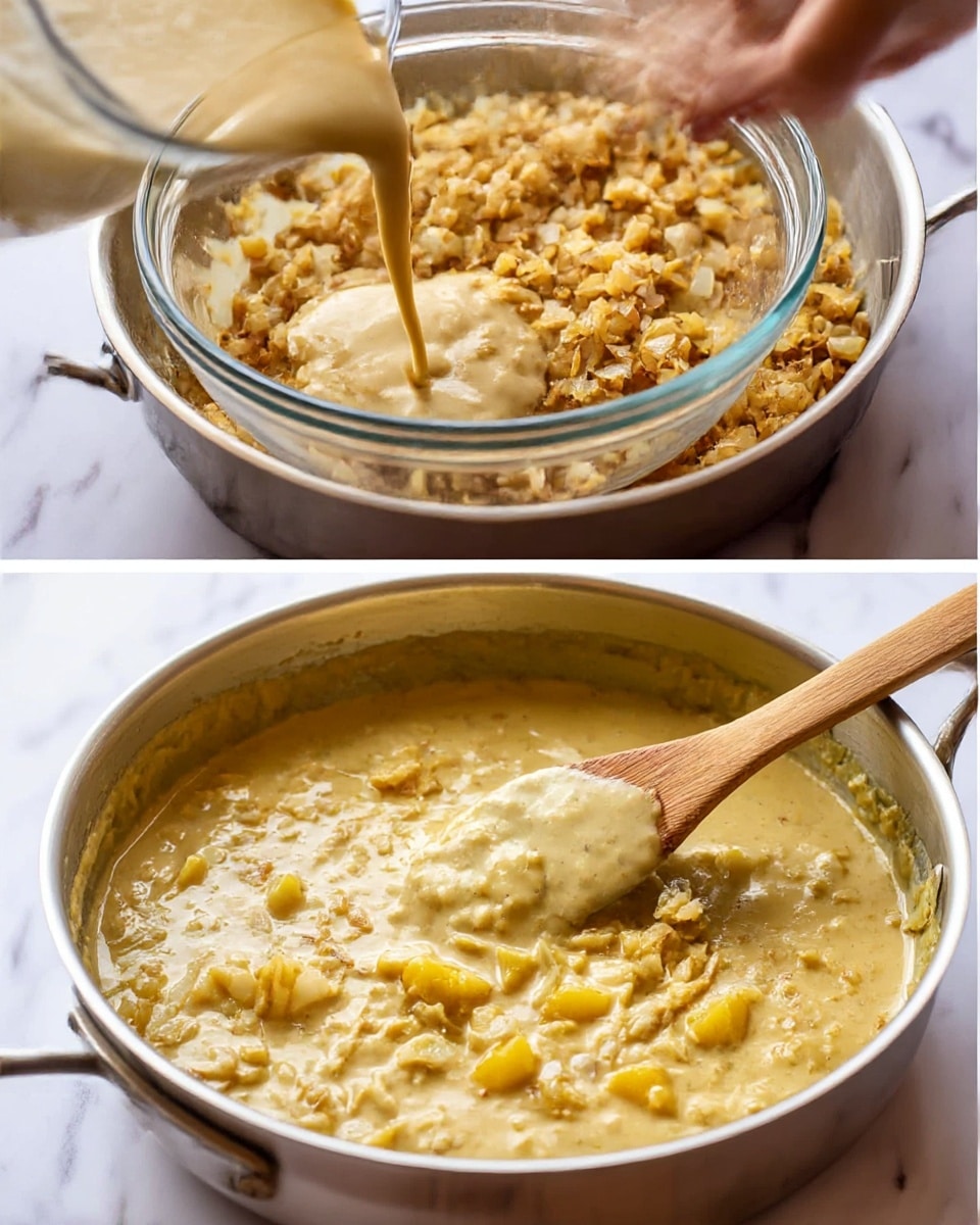 The image is split into two parts. The top part shows a clear glass bowl held by a woman's hand, pouring thick creamy sauce with light tan chunks into a large metal pan that has cooked diced onions and garlic, showing light brown and golden hues, with a wooden spoon resting inside. The bottom part shows the same metal pan with the sauce mixed in, thick and creamy with visible yellowish chunks floating, stirred with the wooden spoon. The background is a white marbled texture. Photo taken with an iphone --ar 4:5 --v 7