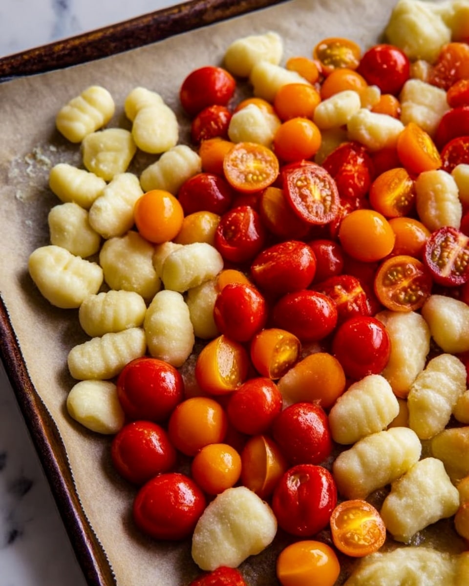 A white plate holds a colorful salad with three main layers. The base layer is made up of soft, yellow gnocchi, some sliced, giving a smooth texture with light seasoning of black pepper. Mixed in and on top are shiny roasted cherry tomatoes in red and orange, some wrinkled and burst, adding a rich, juicy look. Small white mozzarella balls are scattered evenly, smooth and round, dotted with small green basil leaves. On one side of the plate, fresh green leafy lettuce adds a bright, leafy texture and color contrast. The background is a white marbled surface. Photo taken with an iphone --ar 4:5 --v 7